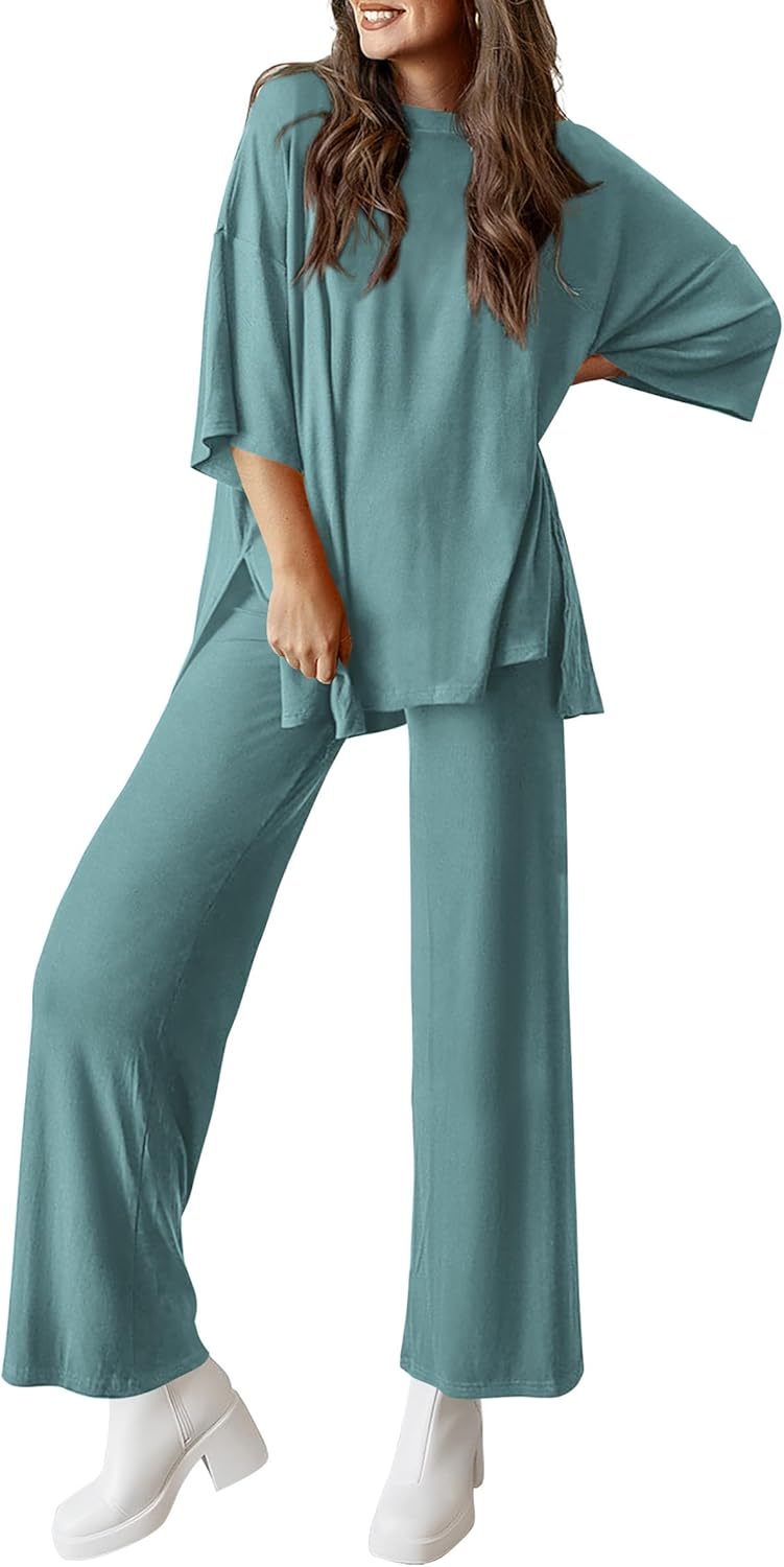PRETTYGARDEN 2-Piece Lounge Set – Short Sleeve Top & Wide Leg Pants