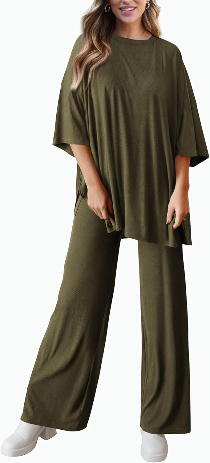 PRETTYGARDEN 2-Piece Lounge Set – Short Sleeve Top & Wide Leg Pants