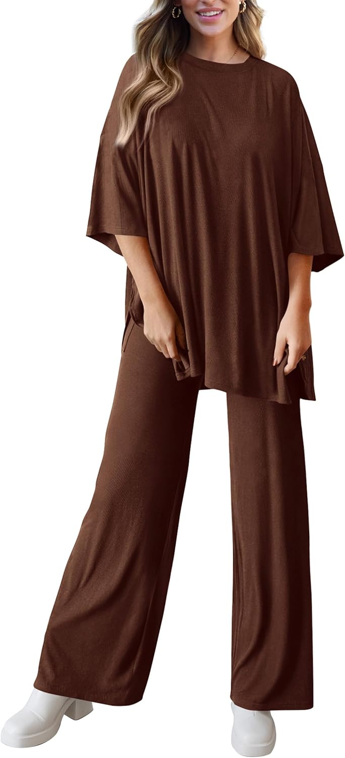 PRETTYGARDEN 2-Piece Lounge Set – Short Sleeve Top & Wide Leg Pants