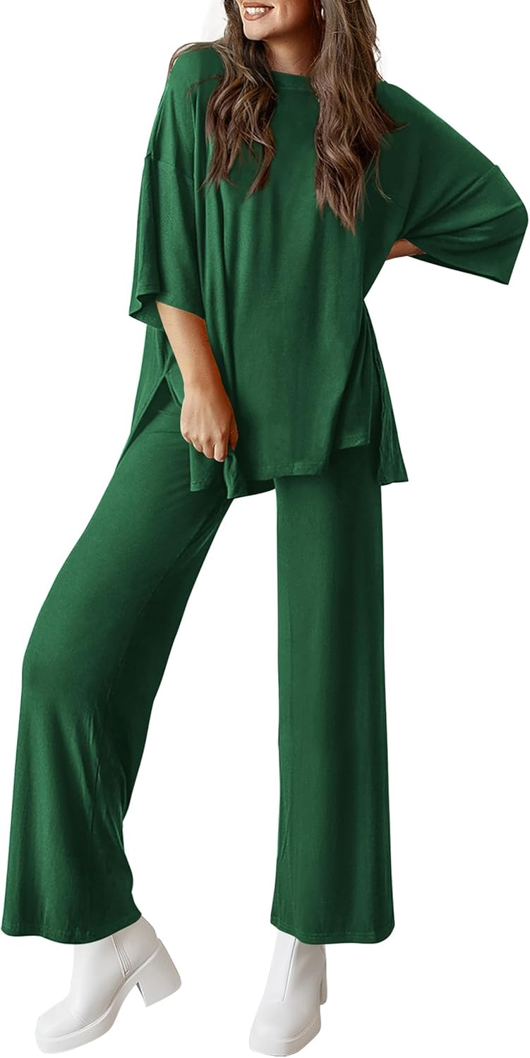 PRETTYGARDEN 2-Piece Lounge Set – Short Sleeve Top & Wide Leg Pants