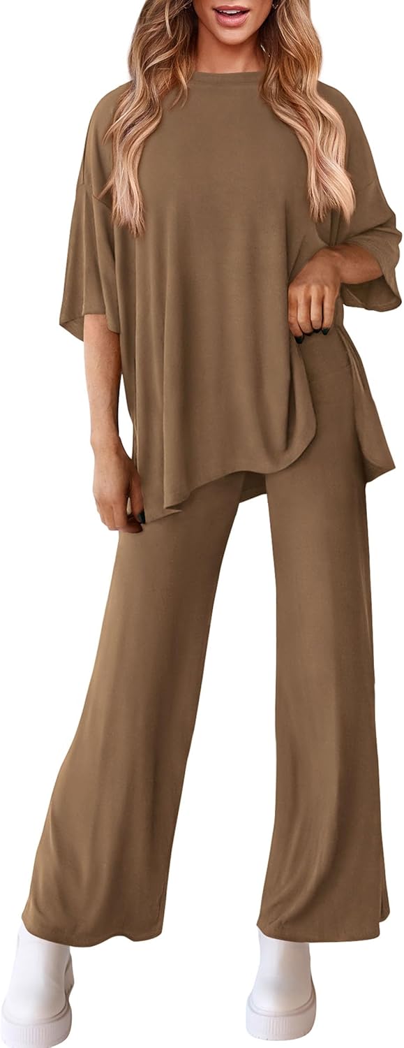 PRETTYGARDEN 2-Piece Lounge Set – Short Sleeve Top & Wide Leg Pants