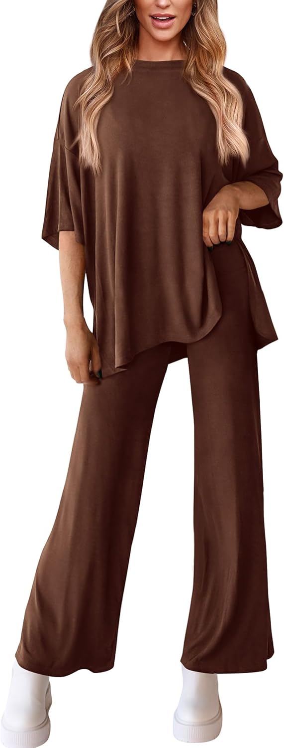 PRETTYGARDEN 2-Piece Lounge Set – Short Sleeve Top & Wide Leg Pants