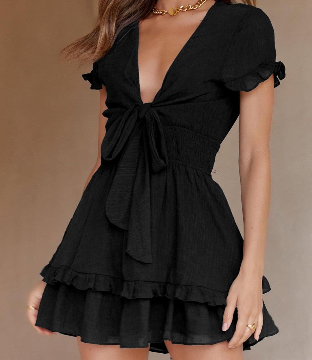 PRETTYGARDEN 2025 Casual Beach Dress – Short Sleeve V-Neck Tiered Mini Dress