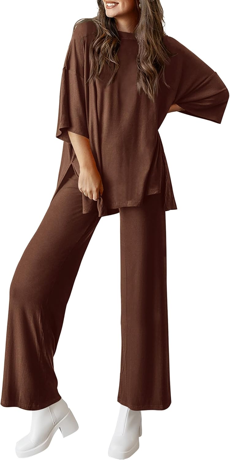 PRETTYGARDEN 2-Piece Lounge Set – Short Sleeve Top & Wide Leg Pants