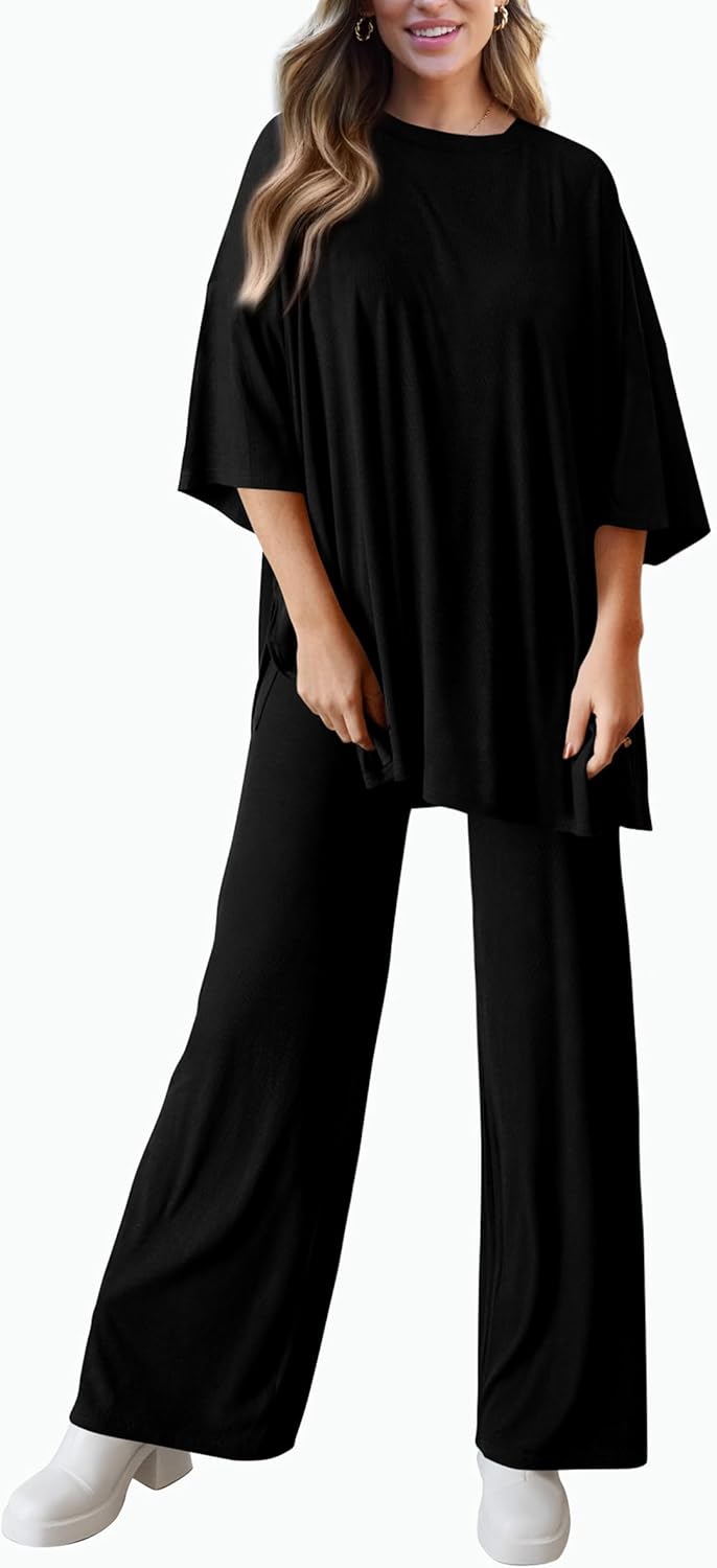 PRETTYGARDEN 2-Piece Lounge Set – Short Sleeve Top & Wide Leg Pants
