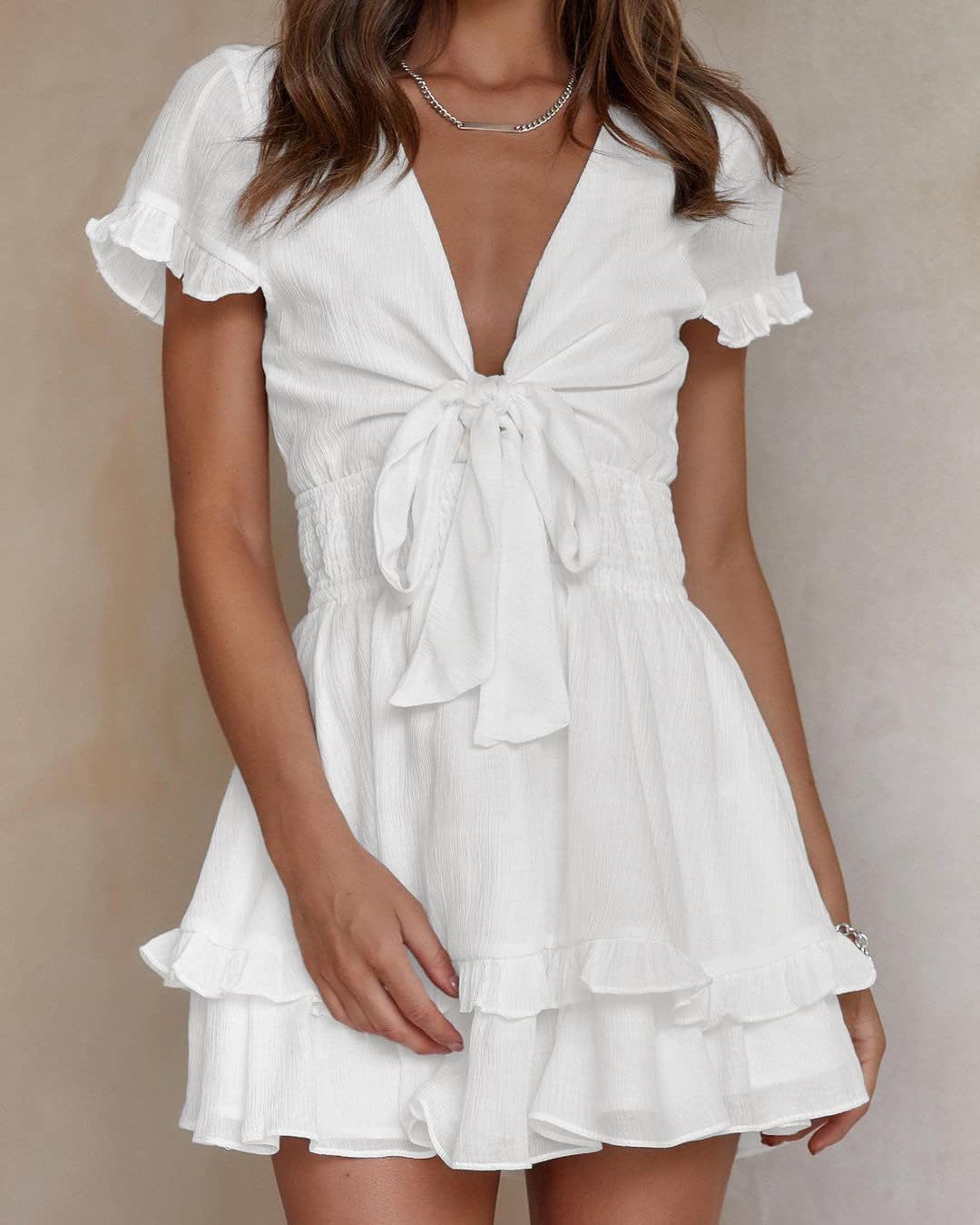 PRETTYGARDEN 2025 Casual Beach Dress – Short Sleeve V-Neck Tiered Mini Dress