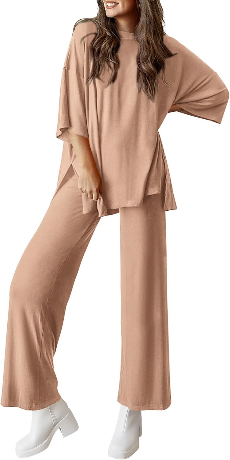 PRETTYGARDEN 2-Piece Lounge Set – Short Sleeve Top & Wide Leg Pants
