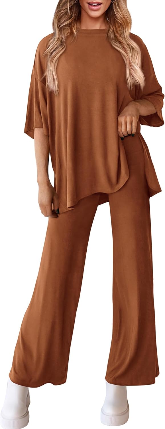 PRETTYGARDEN 2-Piece Lounge Set – Short Sleeve Top & Wide Leg Pants