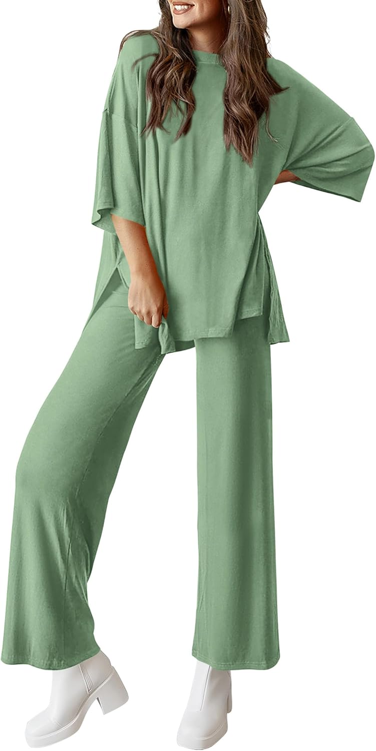 PRETTYGARDEN 2-Piece Lounge Set – Short Sleeve Top & Wide Leg Pants