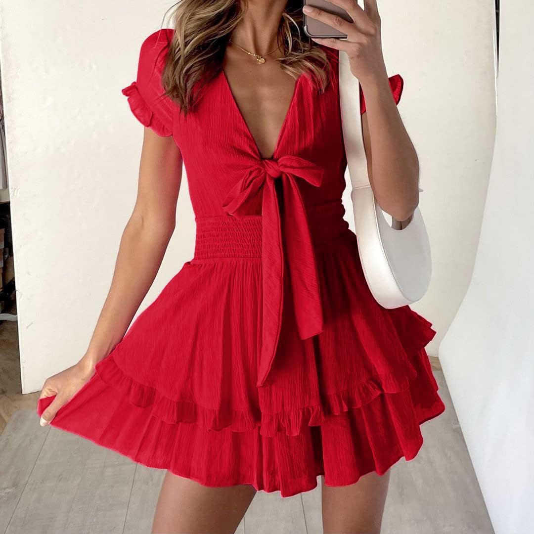 PRETTYGARDEN 2025 Casual Beach Dress – Short Sleeve V-Neck Tiered Mini Dress