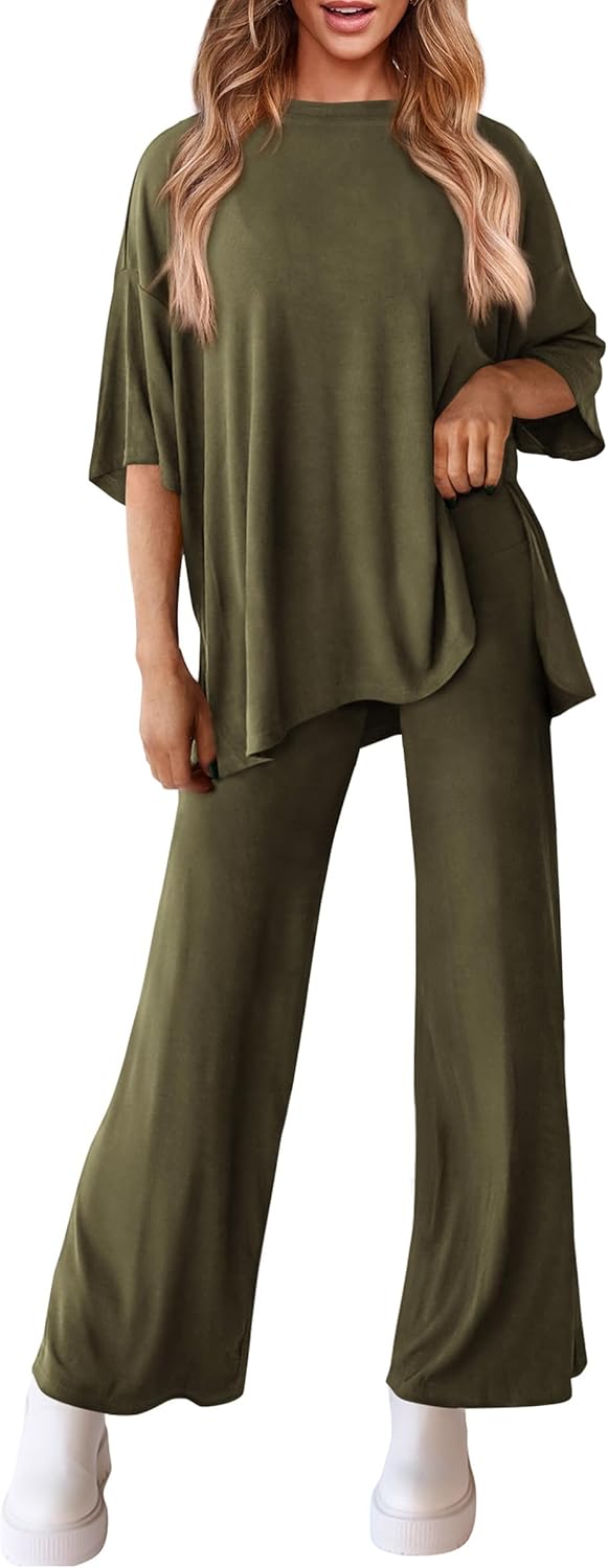 PRETTYGARDEN 2-Piece Lounge Set – Short Sleeve Top & Wide Leg Pants