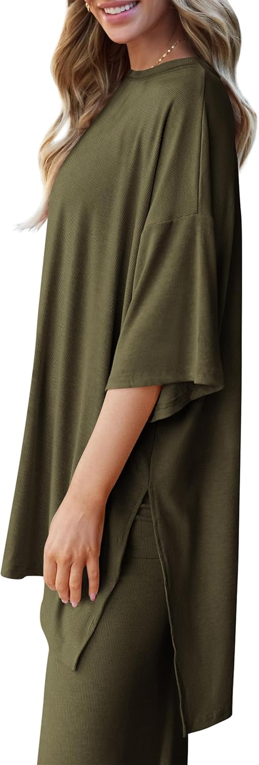 PRETTYGARDEN 2-Piece Lounge Set – Short Sleeve Top & Wide Leg Pants