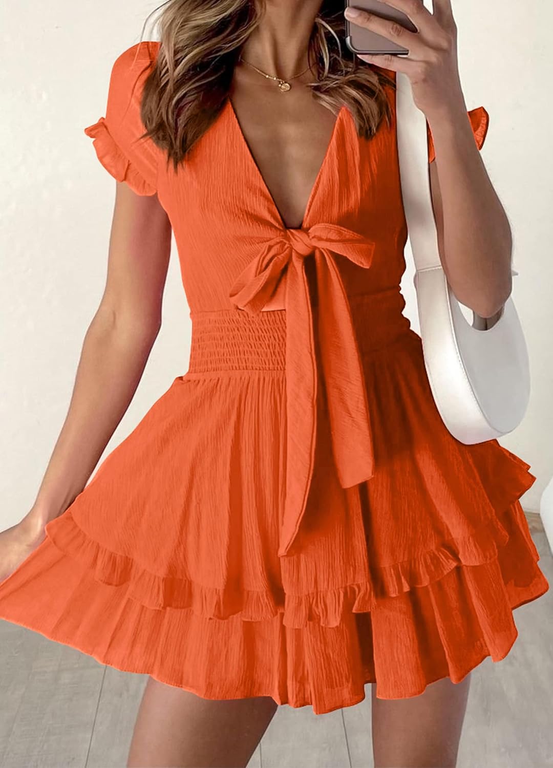 PRETTYGARDEN 2025 Casual Beach Dress – Short Sleeve V-Neck Tiered Mini Dress