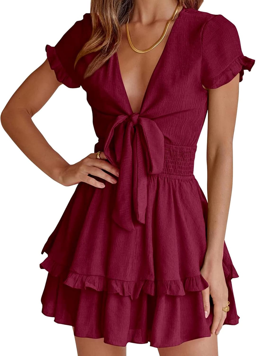PRETTYGARDEN 2025 Casual Beach Dress – Short Sleeve V-Neck Tiered Mini Dress
