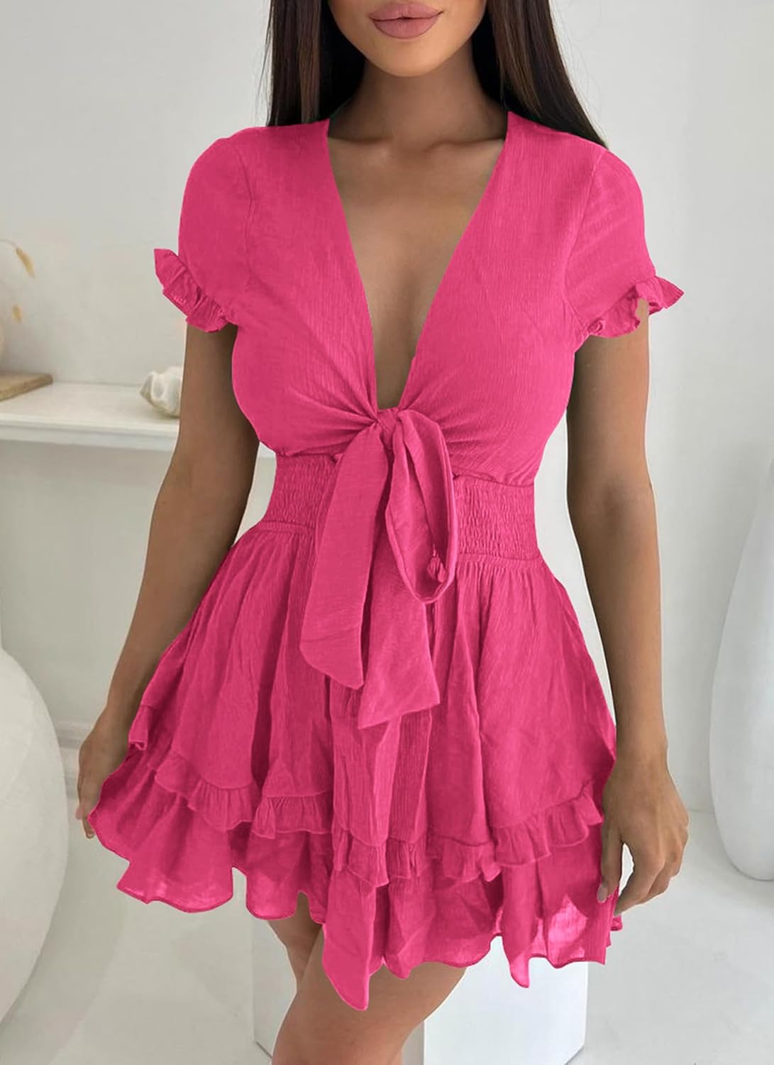 PRETTYGARDEN 2025 Casual Beach Dress – Short Sleeve V-Neck Tiered Mini Dress