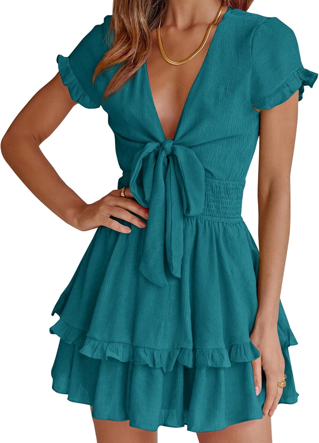 PRETTYGARDEN 2025 Casual Beach Dress – Short Sleeve V-Neck Tiered Mini Dress