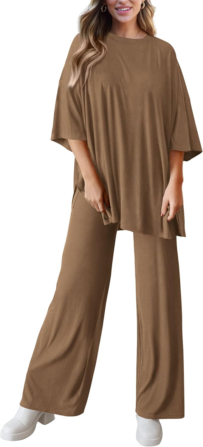 PRETTYGARDEN 2-Piece Lounge Set – Short Sleeve Top & Wide Leg Pants