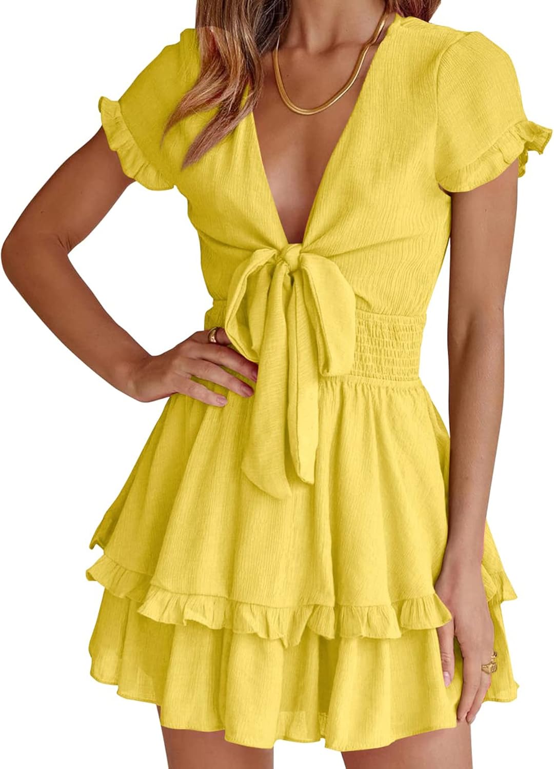 PRETTYGARDEN 2025 Casual Beach Dress – Short Sleeve V-Neck Tiered Mini Dress