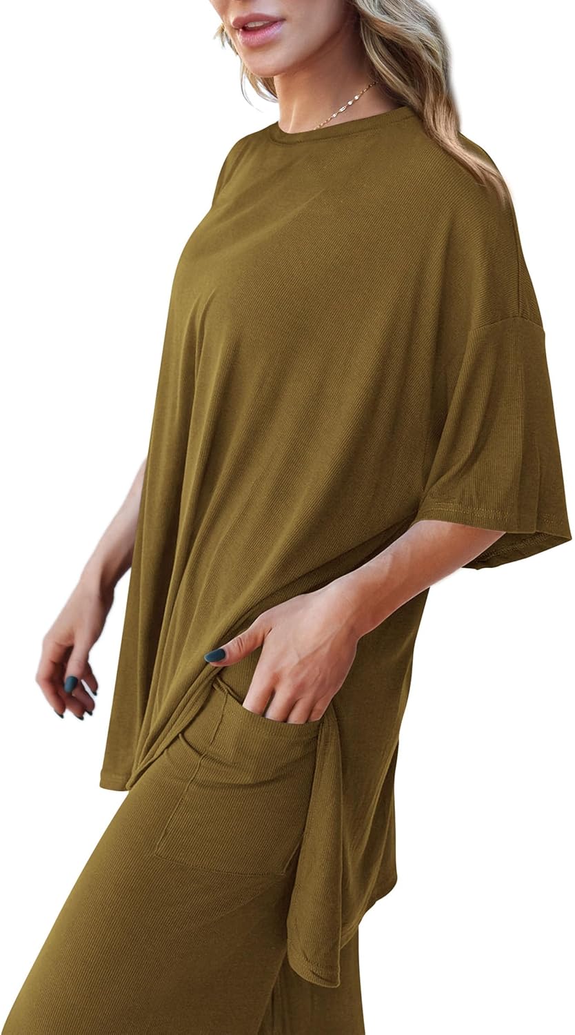 PRETTYGARDEN 2-Piece Lounge Set – Short Sleeve Top & Wide Leg Pants
