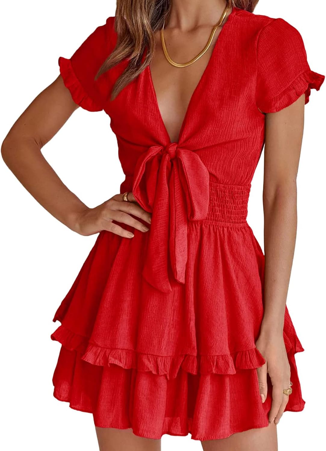 PRETTYGARDEN 2025 Casual Beach Dress – Short Sleeve V-Neck Tiered Mini Dress
