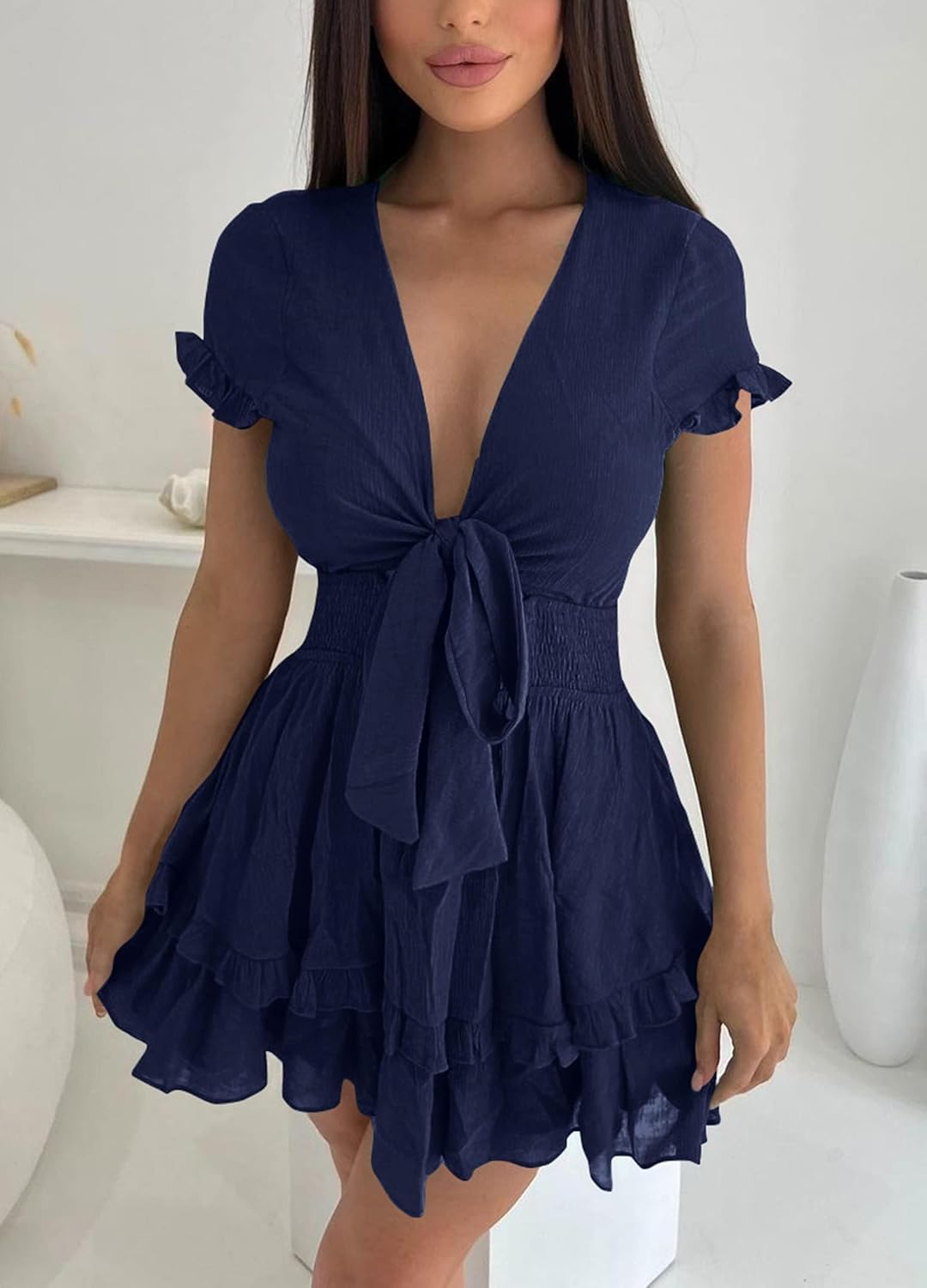 PRETTYGARDEN 2025 Casual Beach Dress – Short Sleeve V-Neck Tiered Mini Dress