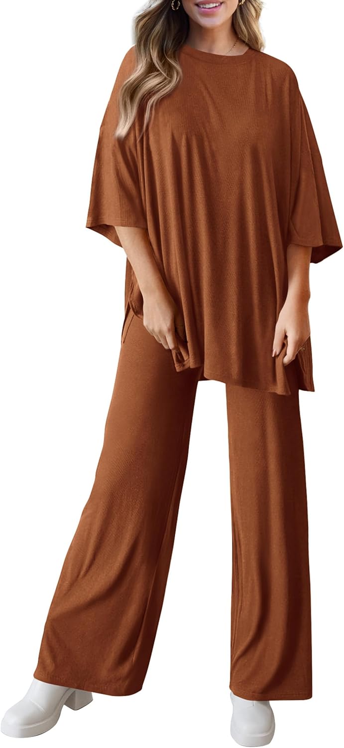 PRETTYGARDEN 2-Piece Lounge Set – Short Sleeve Top & Wide Leg Pants