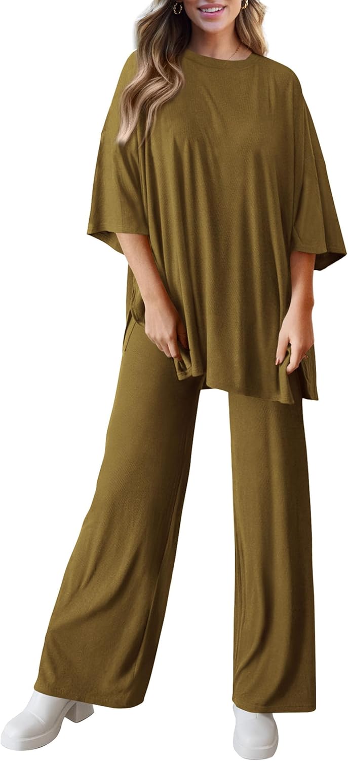 PRETTYGARDEN 2-Piece Lounge Set – Short Sleeve Top & Wide Leg Pants