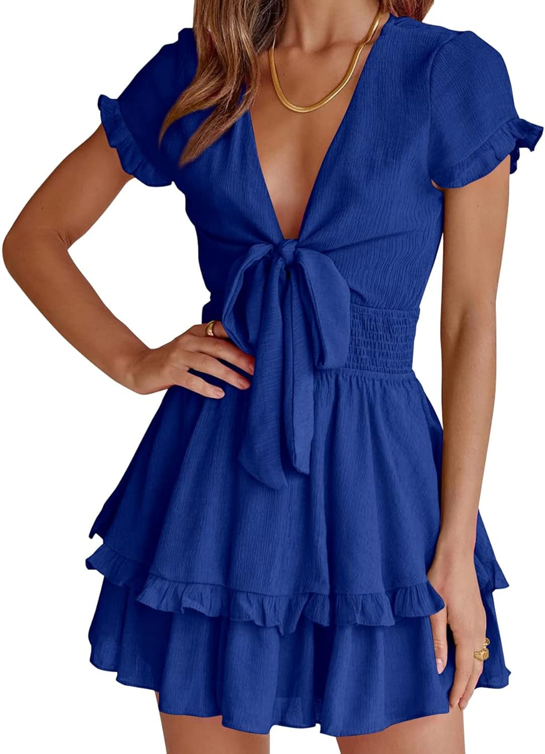 PRETTYGARDEN 2025 Casual Beach Dress – Short Sleeve V-Neck Tiered Mini Dress