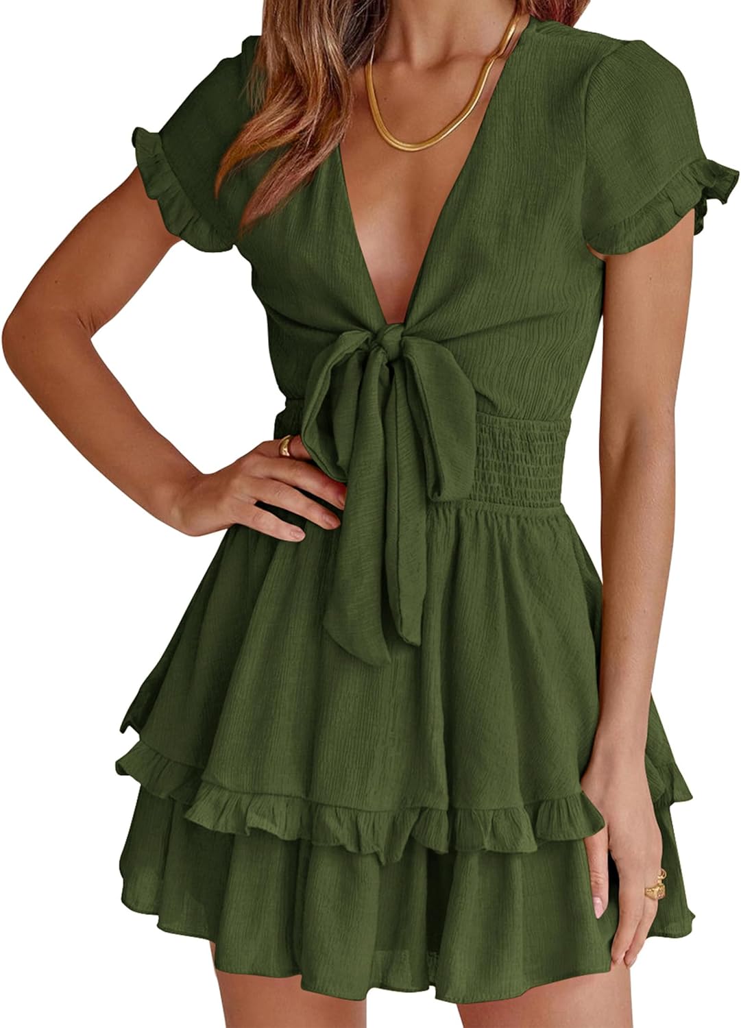 PRETTYGARDEN 2025 Casual Beach Dress – Short Sleeve V-Neck Tiered Mini Dress