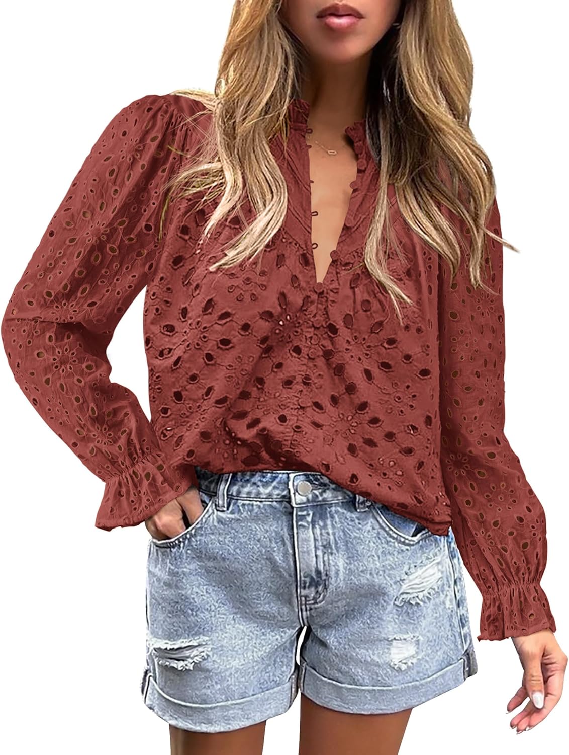 PRETTYGARDEN Casual Lace Blouse – Long Sleeve V-Neck Button-Up Shirt