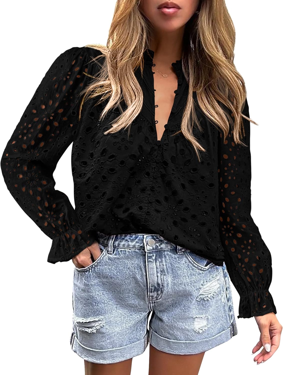PRETTYGARDEN Casual Lace Blouse – Long Sleeve V-Neck Button-Up Shirt