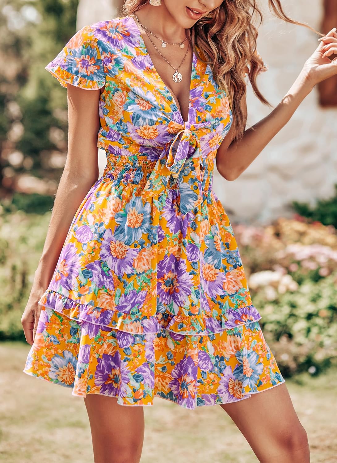 PRETTYGARDEN 2025 Casual Beach Dress – Short Sleeve V-Neck Tiered Mini Dress