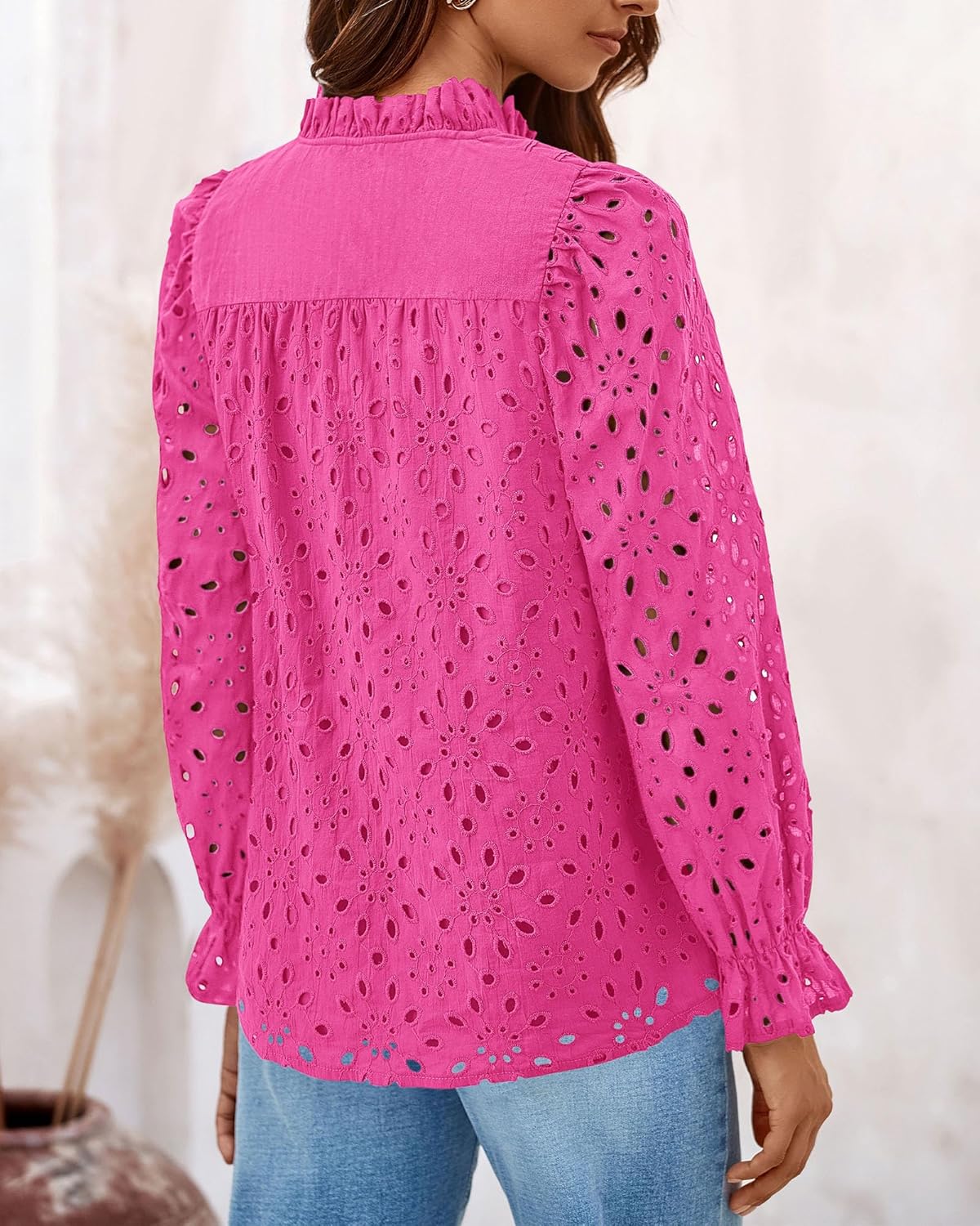 PRETTYGARDEN Casual Lace Blouse – Long Sleeve V-Neck Button-Up Shirt