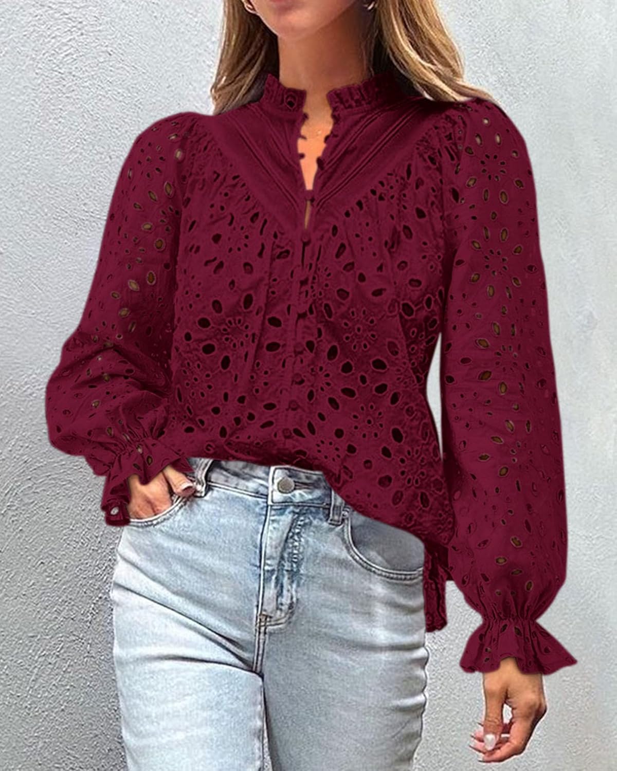PRETTYGARDEN Casual Lace Blouse – Long Sleeve V-Neck Button-Up Shirt