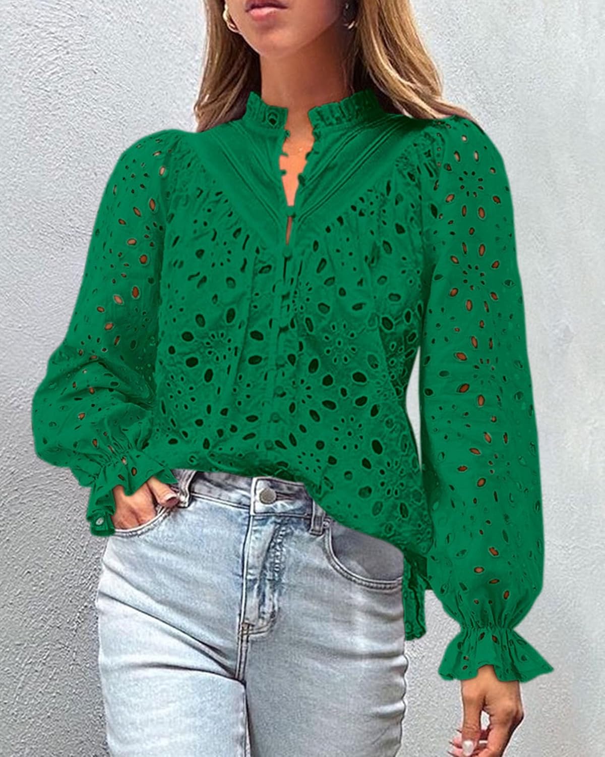 PRETTYGARDEN Casual Lace Blouse – Long Sleeve V-Neck Button-Up Shirt