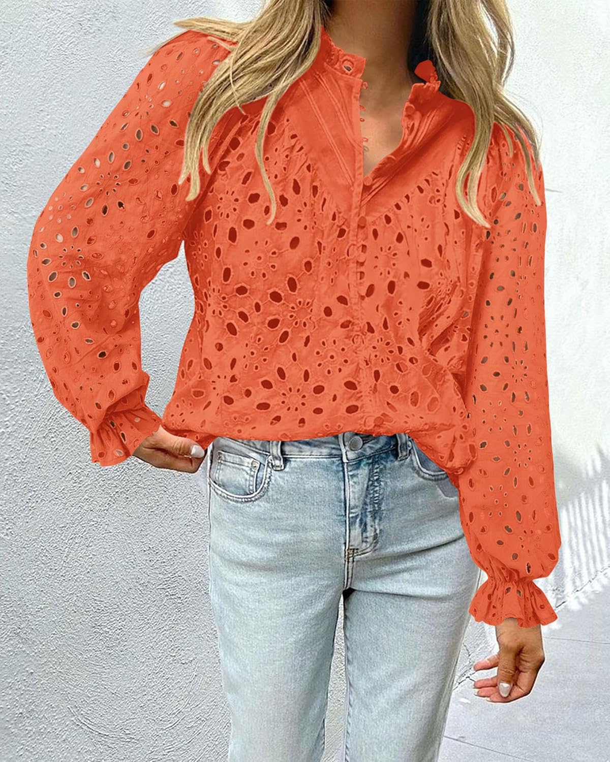 PRETTYGARDEN Casual Lace Blouse – Long Sleeve V-Neck Button-Up Shirt