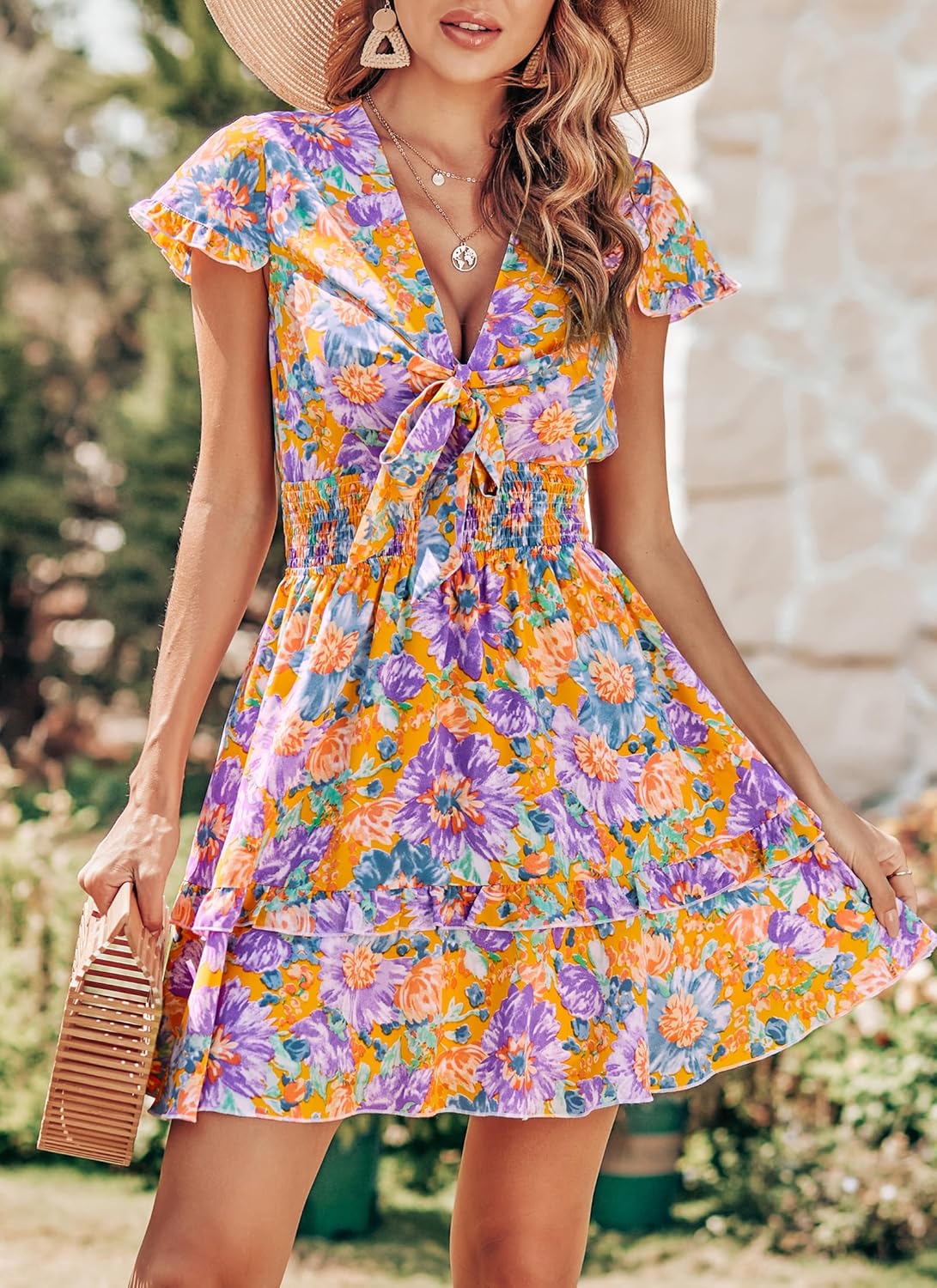 PRETTYGARDEN 2025 Casual Beach Dress – Short Sleeve V-Neck Tiered Mini Dress