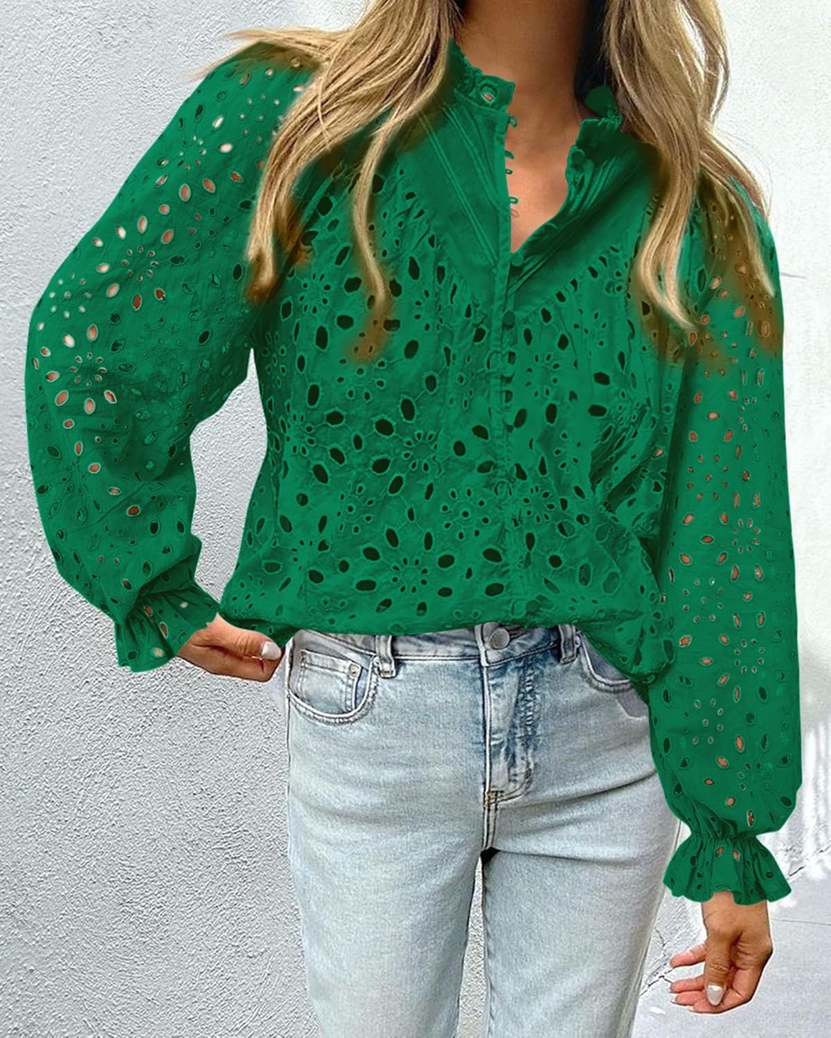 PRETTYGARDEN Casual Lace Blouse – Long Sleeve V-Neck Button-Up Shirt