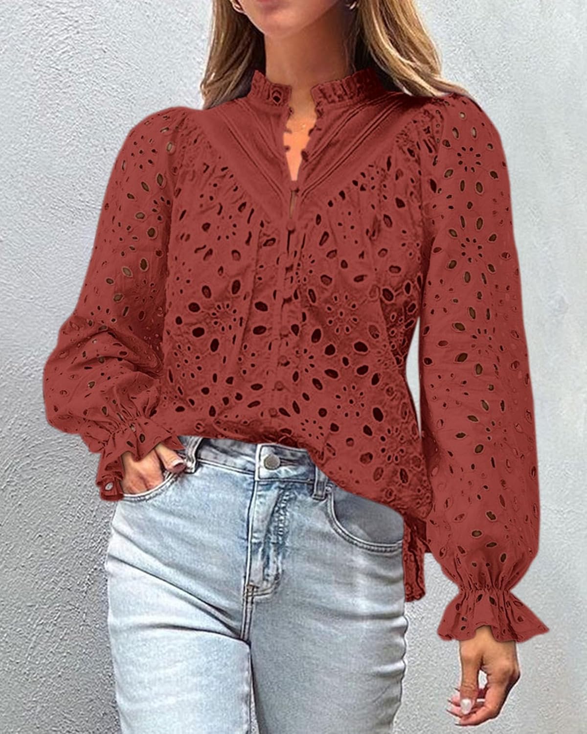 PRETTYGARDEN Casual Lace Blouse – Long Sleeve V-Neck Button-Up Shirt