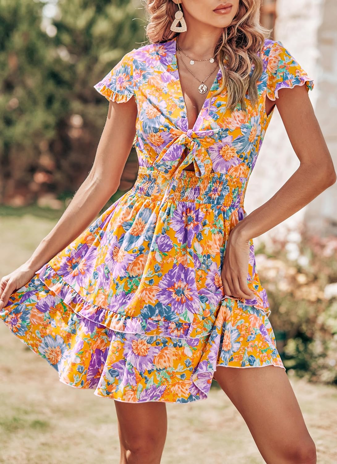 PRETTYGARDEN 2025 Casual Beach Dress – Short Sleeve V-Neck Tiered Mini Dress