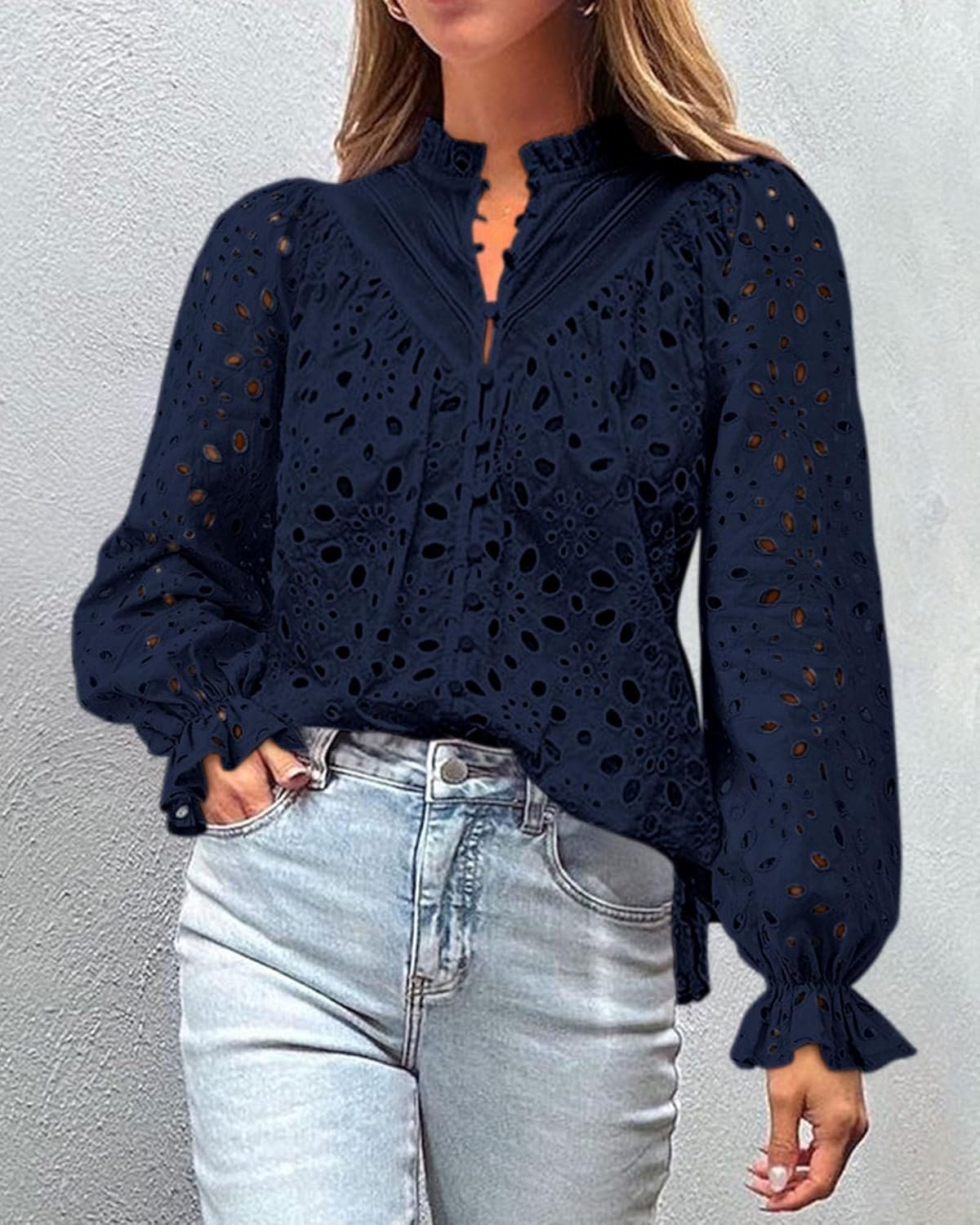 PRETTYGARDEN Casual Lace Blouse – Long Sleeve V-Neck Button-Up Shirt