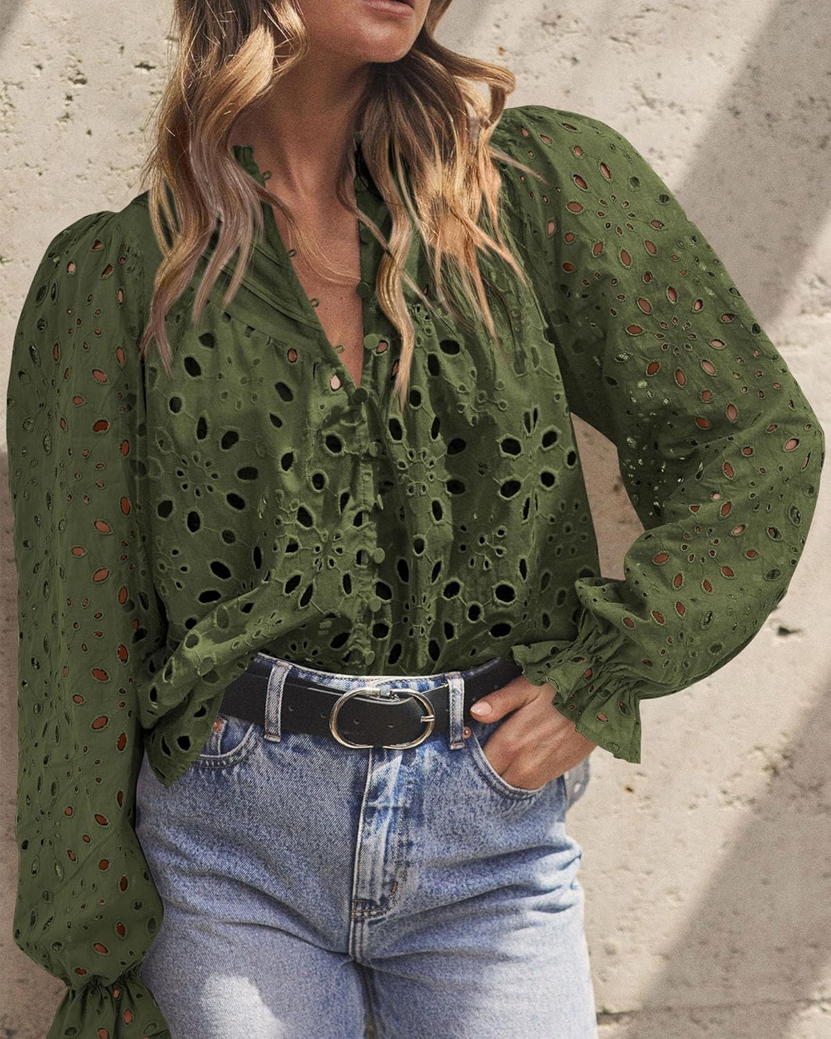 PRETTYGARDEN Casual Lace Blouse – Long Sleeve V-Neck Button-Up Shirt
