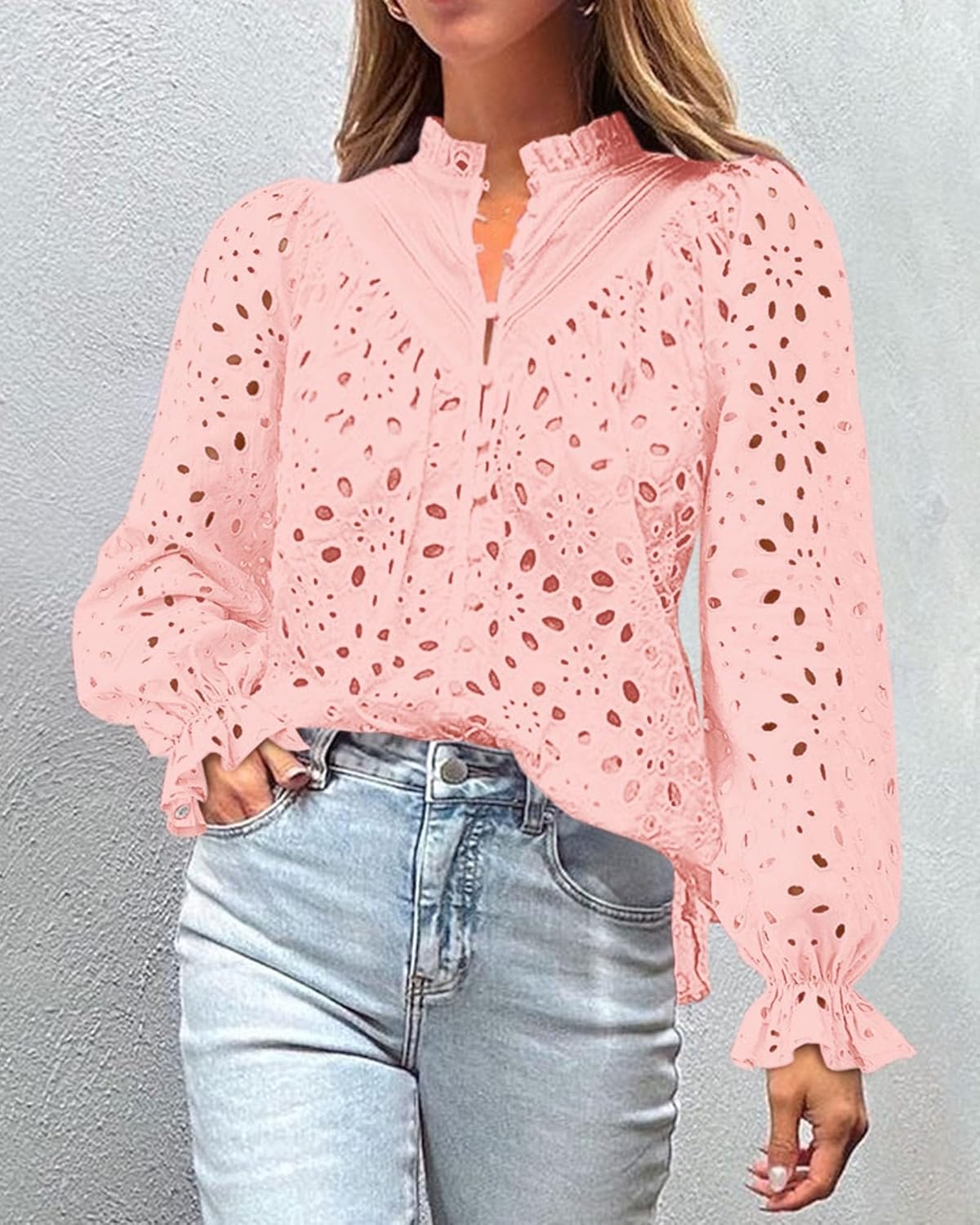 PRETTYGARDEN Casual Lace Blouse – Long Sleeve V-Neck Button-Up Shirt