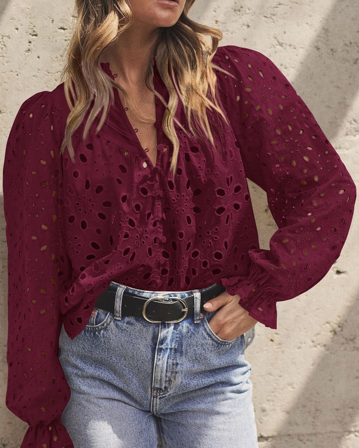 PRETTYGARDEN Casual Lace Blouse – Long Sleeve V-Neck Button-Up Shirt