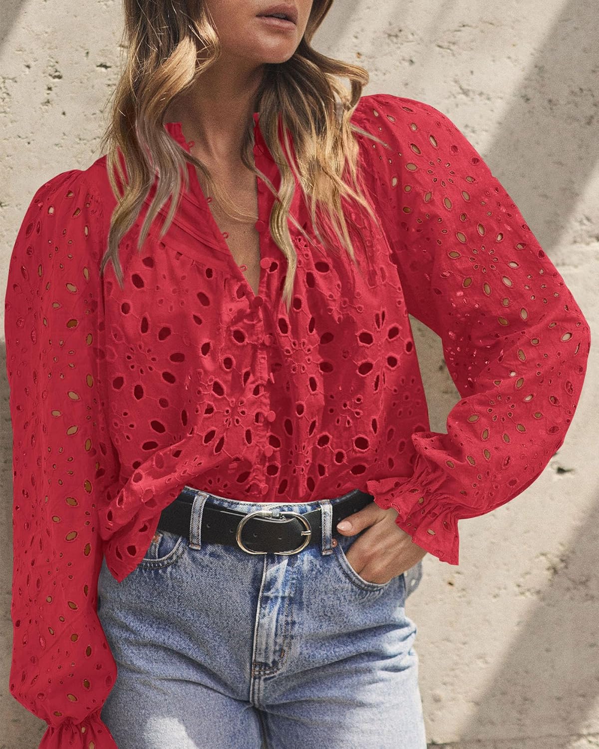 PRETTYGARDEN Casual Lace Blouse – Long Sleeve V-Neck Button-Up Shirt