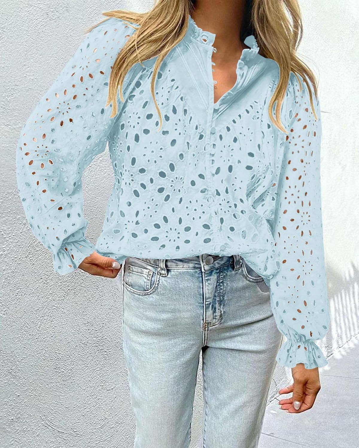 PRETTYGARDEN Casual Lace Blouse – Long Sleeve V-Neck Button-Up Shirt