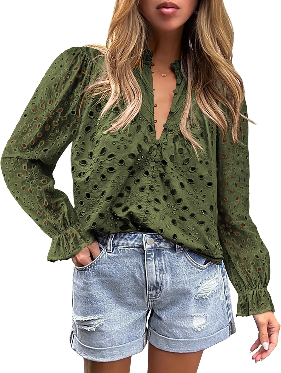 PRETTYGARDEN Casual Lace Blouse – Long Sleeve V-Neck Button-Up Shirt