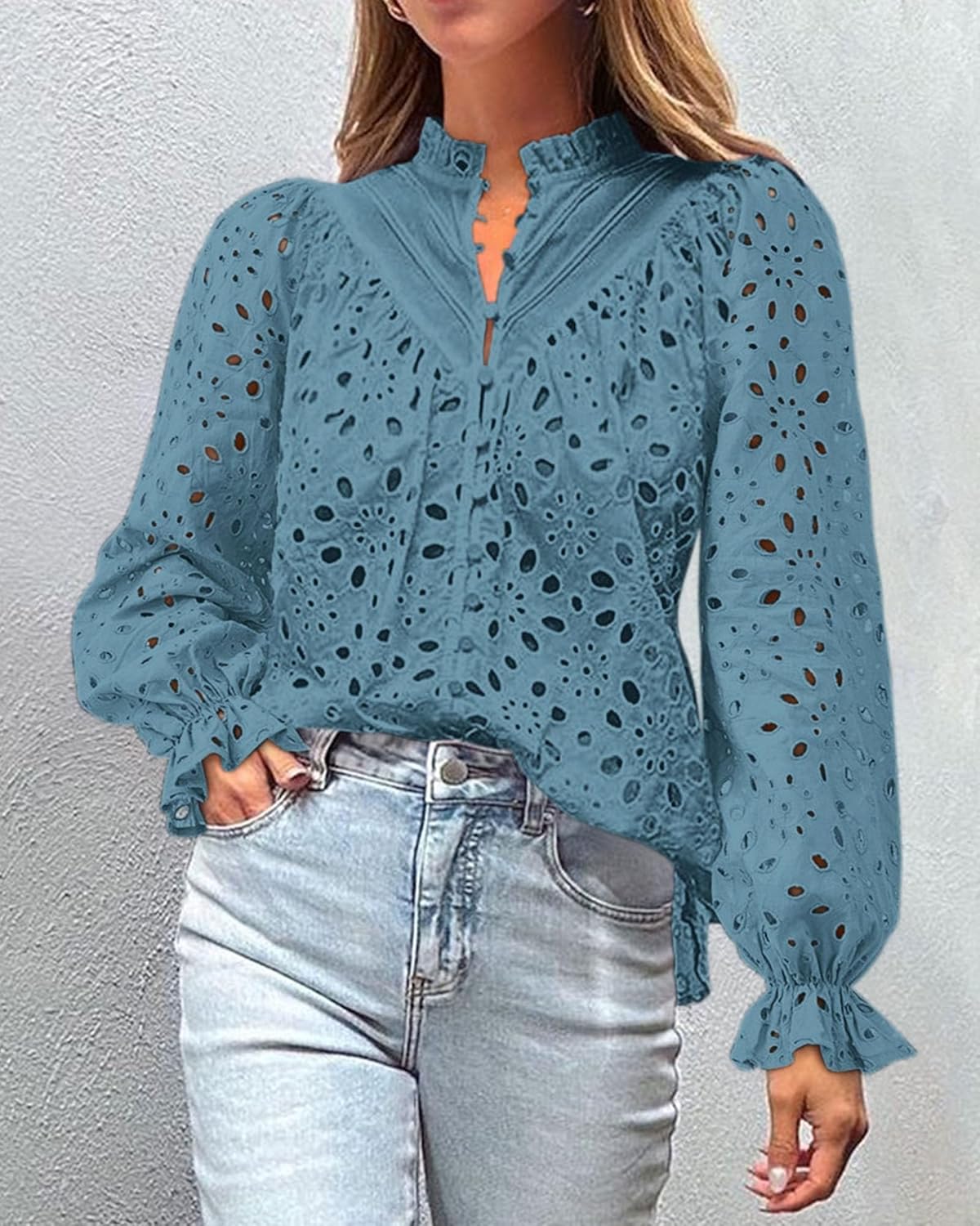 PRETTYGARDEN Casual Lace Blouse – Long Sleeve V-Neck Button-Up Shirt