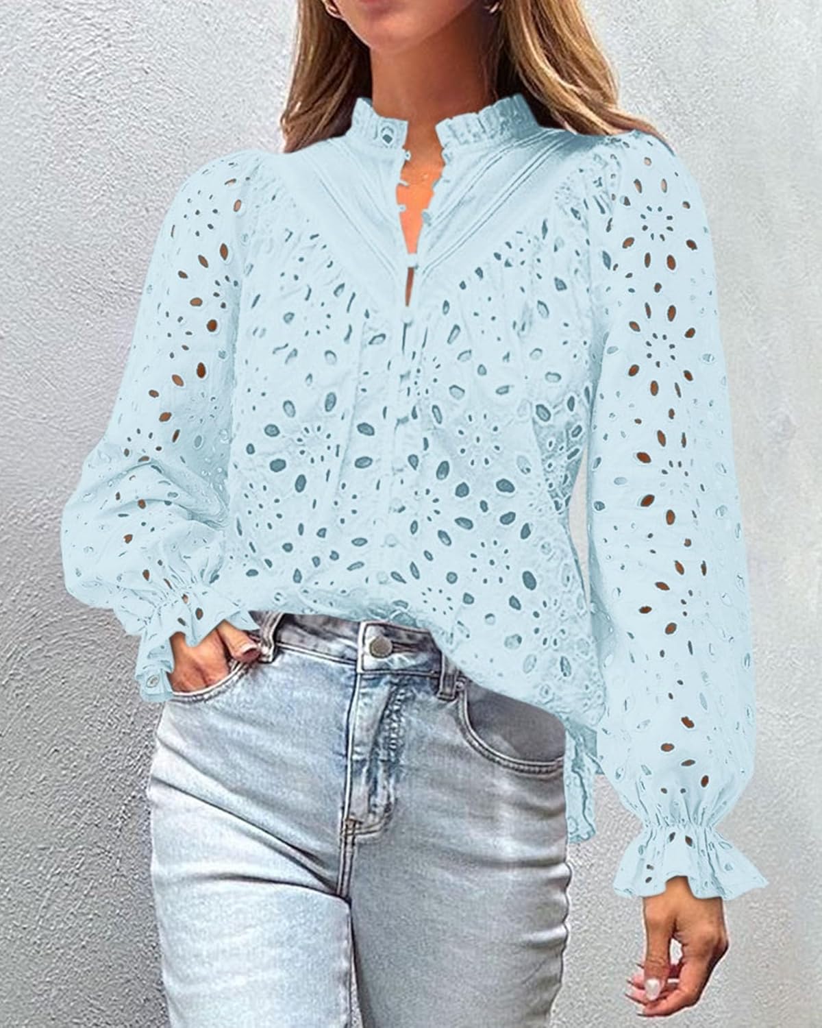 PRETTYGARDEN Casual Lace Blouse – Long Sleeve V-Neck Button-Up Shirt