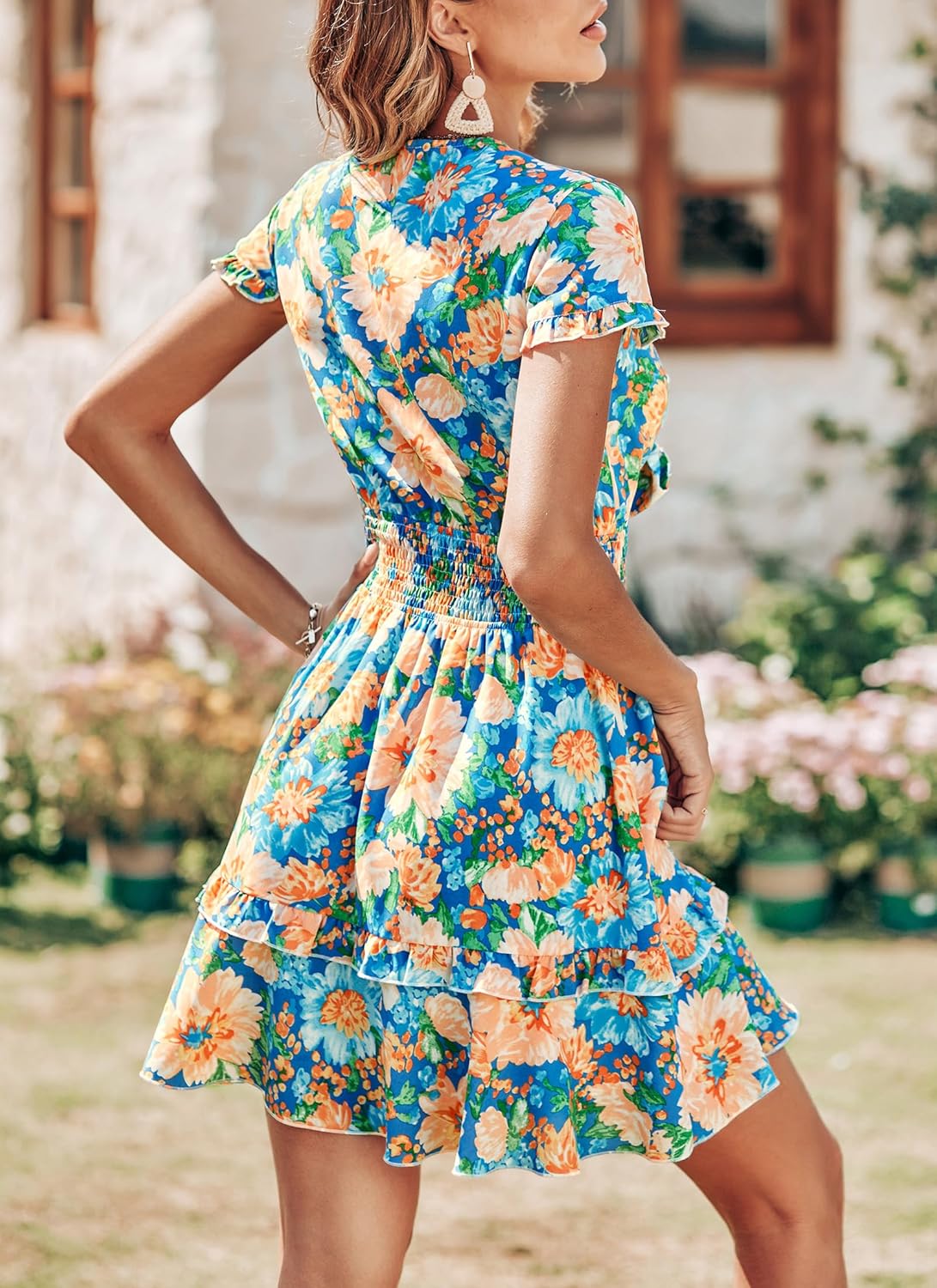 PRETTYGARDEN 2025 Casual Beach Dress – Short Sleeve V-Neck Tiered Mini Dress